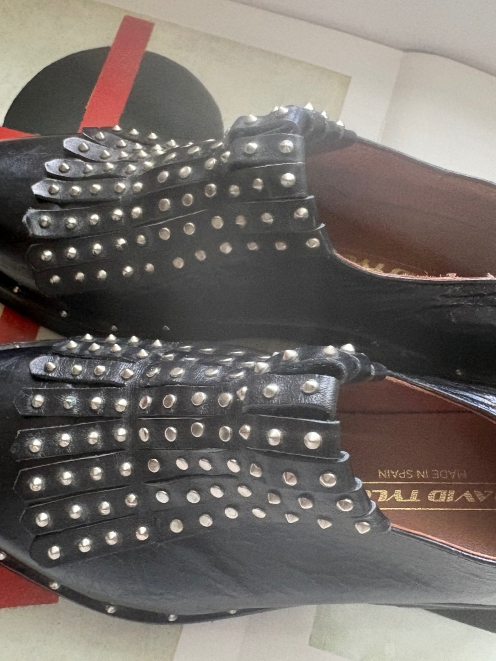 David Tyler made in Spain black leather studded loafers size 37
